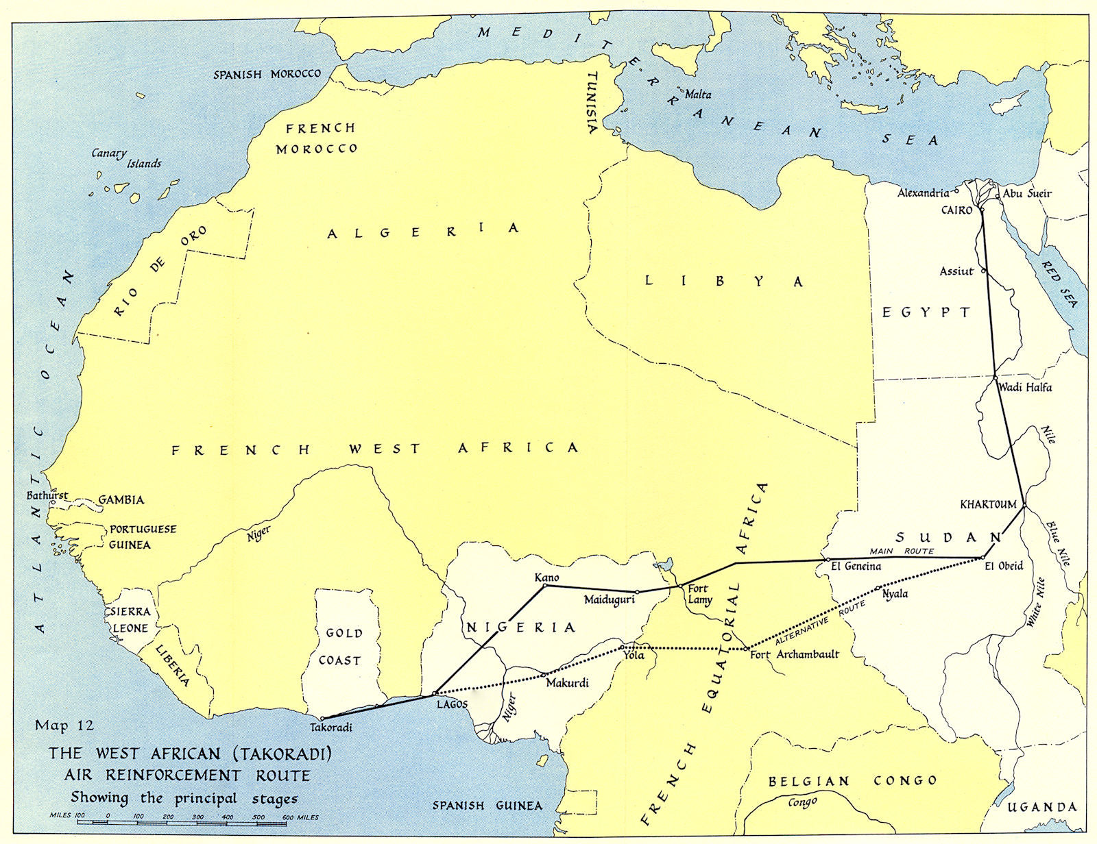 West Africa WW2 Nigeria Sudan Egypt. Takoradi air reinforcement route 1954 map